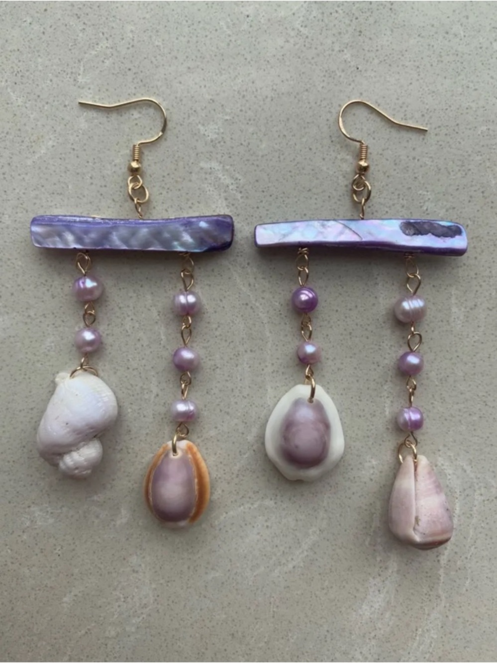 Handmade Purple Seashell Drop Earrings with Pearlescent Beads